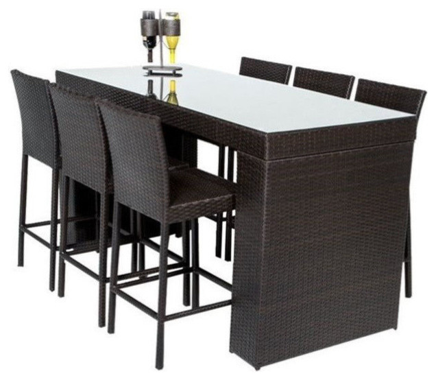 Outdoor Wicker Bar Table With Bar Stools, 7-Piece Set - Tropical