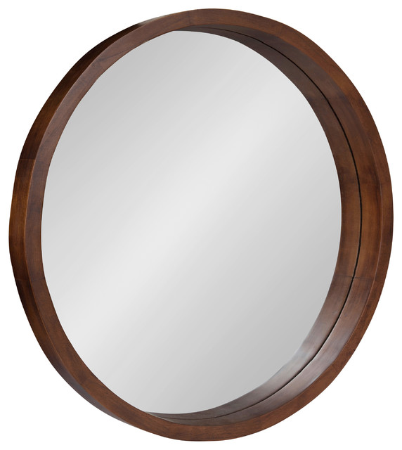 Hutton Round Decorative Wood Framed Wall Mirror, Walnut Brown, 22 Diameter
