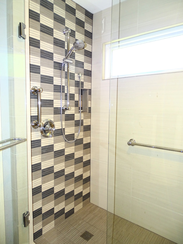 Inspiration for a mid-sized transitional master gray tile and ceramic tile ceramic tile walk-in shower remodel in Austin with white cabinets, purple walls and quartzite countertops