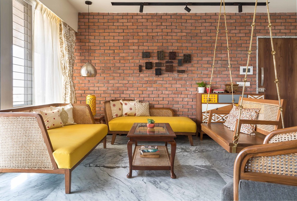 Mid-sized eclectic living room in Pune with marble floors and grey floor.