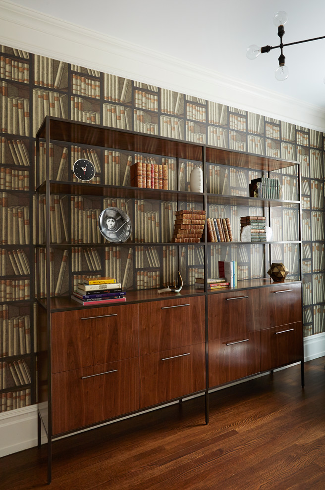 Study room - mid-sized transitional medium tone wood floor study room idea in New York with multicolored walls