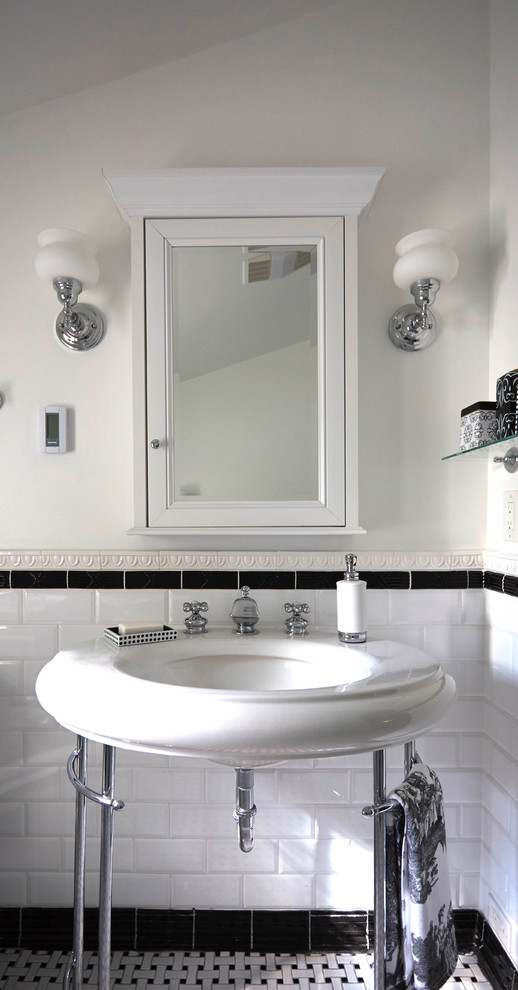 Design ideas for a large traditional master bathroom in Baltimore with a claw-foot tub, an open shower, a two-piece toilet, white tile, ceramic tile, white walls, mosaic tile floors and a pedestal sink.