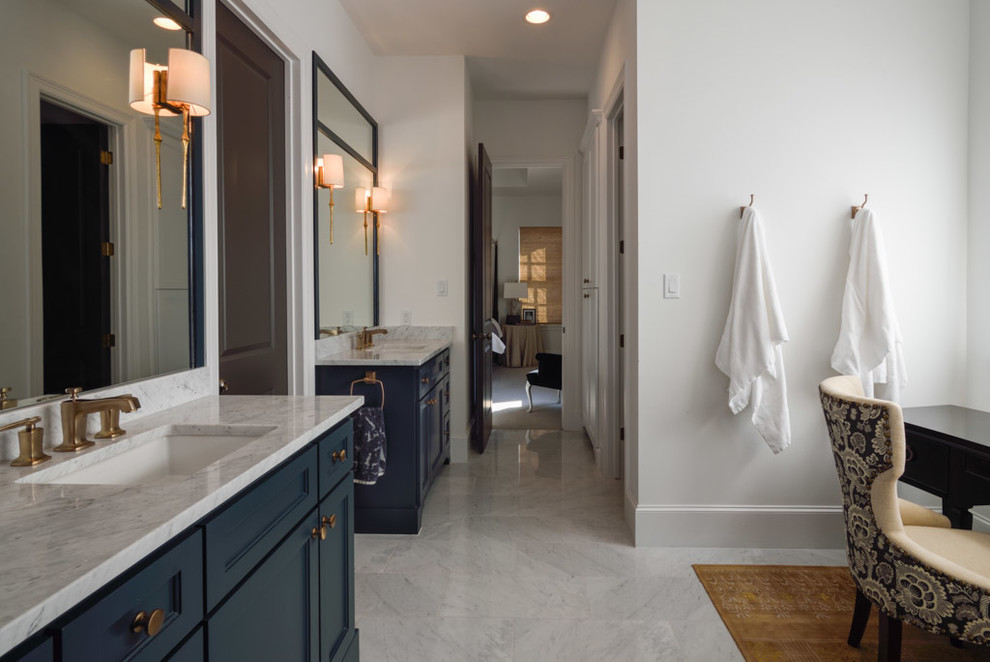 Design ideas for a large transitional master bathroom in Houston with an undermount sink, recessed-panel cabinets, grey cabinets, marble benchtops, an alcove shower, a one-piece toilet, white tile, stone tile, white walls and marble floors.