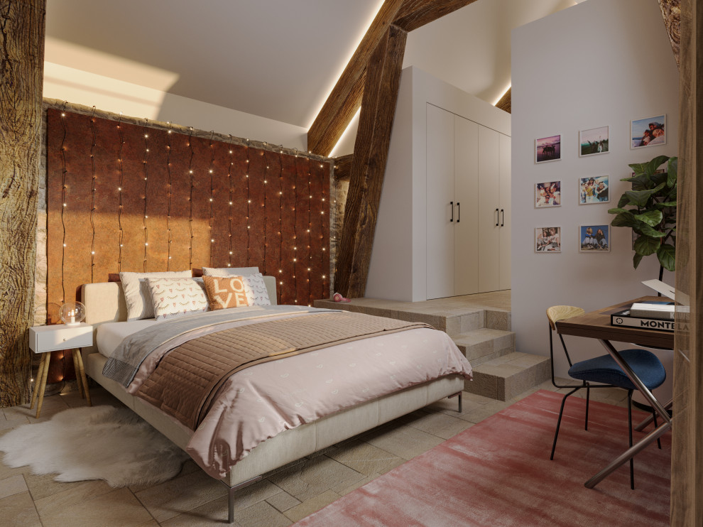 Ejemplo de dormitorio infantil contemporáneo grande con paredes blancas, suelo de baldosas de cerámica, suelo beige y vigas vistas