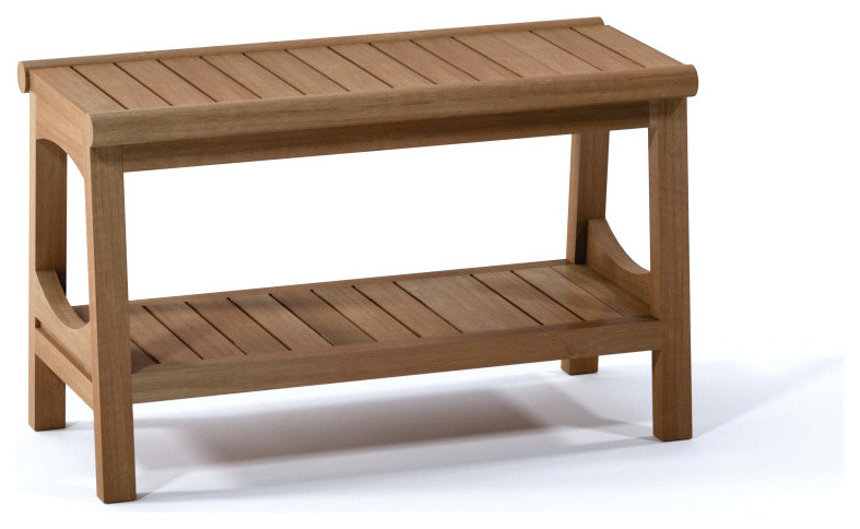 Outdoor Teak Patio Perth Shower Spa Bench with Bottom Shelf, Large: 30" X 13" X