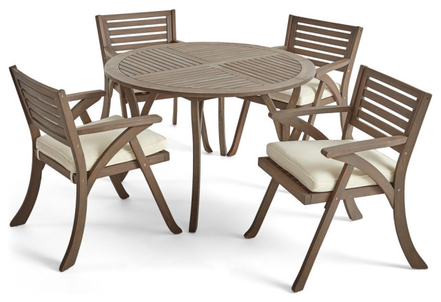 Chloe Outdoor 5 Piece Acacia Wood Dining Set with Round Table, Gray/Creme