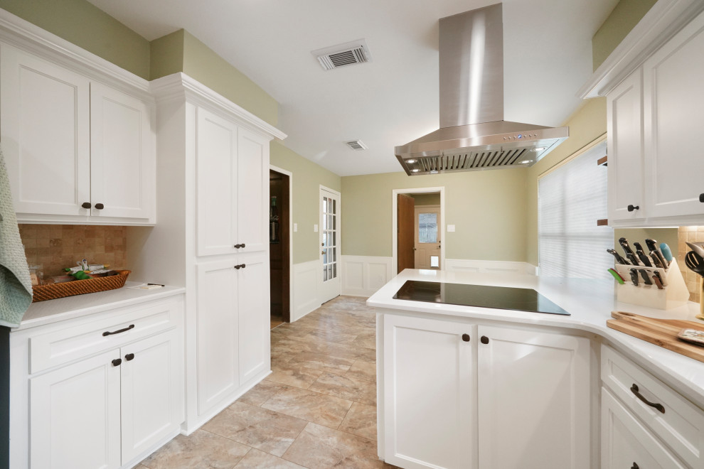 Mid-sized contemporary galley eat-in kitchen in Houston with a double-bowl sink, flat-panel cabinets, white cabinets, quartzite benchtops, beige splashback, ceramic splashback, stainless steel appliances, ceramic floors, no island, beige floor, white benchtop and coffered.