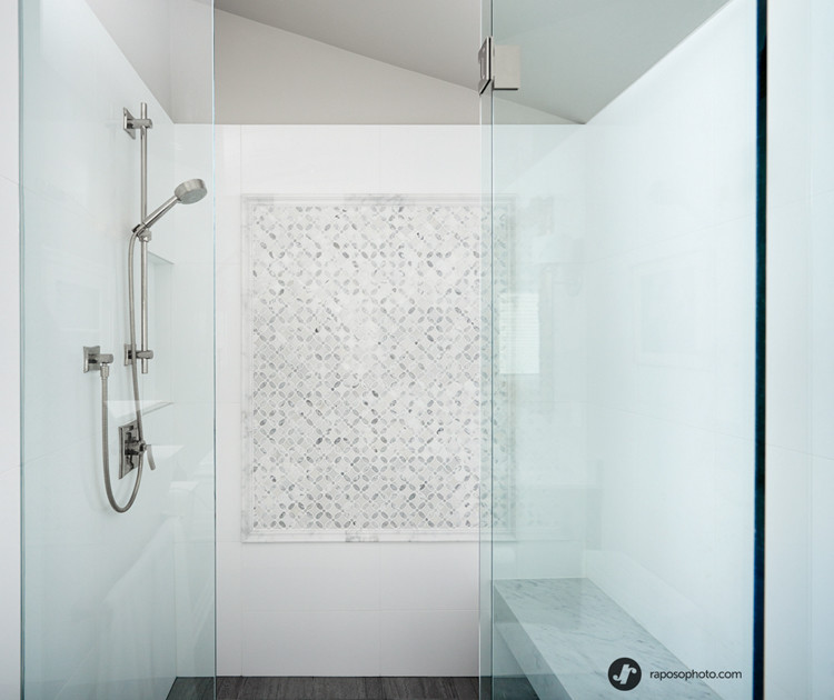 This is an example of a mid-sized transitional master bathroom in Toronto with a drop-in sink, recessed-panel cabinets, dark wood cabinets, marble benchtops, a drop-in tub, an alcove shower, gray tile, ceramic tile, white walls and ceramic floors.