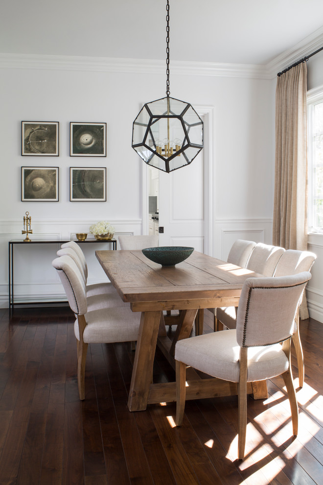 Design ideas for a mid-sized transitional dining room in Los Angeles with white walls and dark hardwood floors.