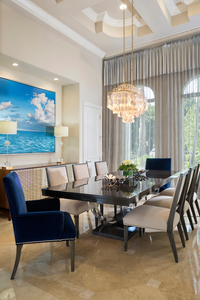 Expansive eclectic separate dining room in Miami with grey walls, marble floors and beige floor.