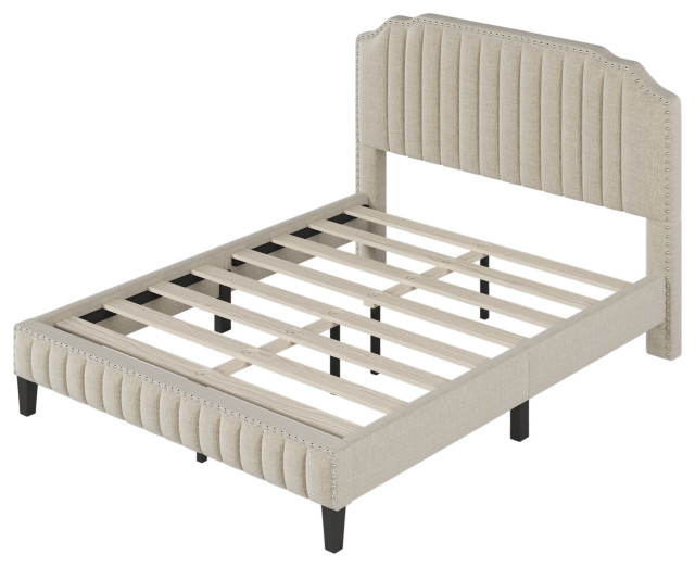 TATEUS Elegant Modern Linen Upholstered Platform Bed with Nailhead Trim Modern Platform Beds