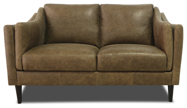 Genuine Italian Leather Loveseat In Bomber Tan Midcentury