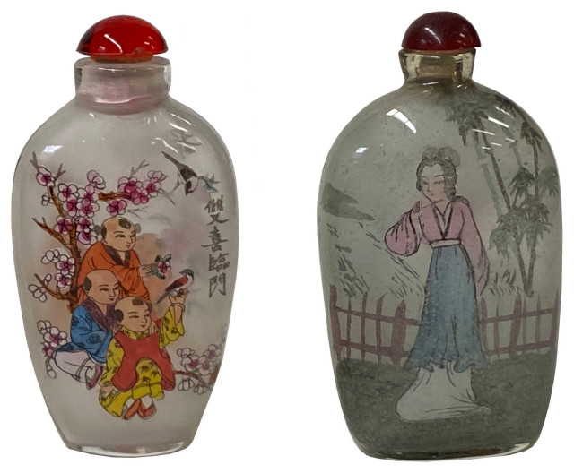 2 Chinese Glass Snuff Bottle Oriental Scenery People Graphic Hws2782