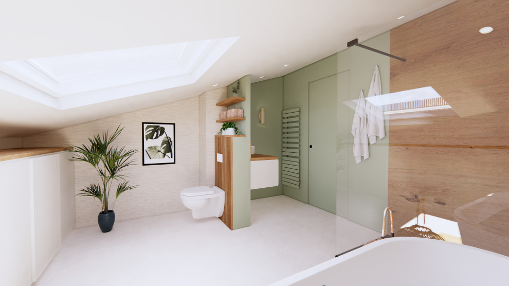 This is an example of a large world-inspired ensuite bathroom in Other with beaded cabinets, white cabinets, a built-in bath, a built-in shower, a wall mounted toilet, beige tiles, wood-effect tiles, green walls, cement flooring, a built-in sink, wooden worktops, beige floors, an open shower, a single sink, a floating vanity unit and tongue and groove walls.