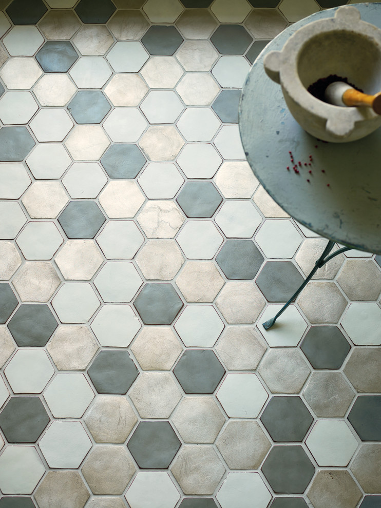 Mountain style terra-cotta hexagon hand-painted kitchen photo for multiuse in Austin