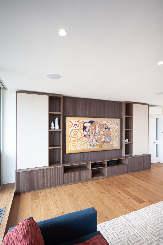 Bespoke Sleek Brown Media Unit with ribbed wood slat panels