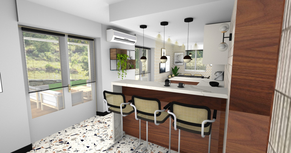Foto di una grande cucina ad U minimalista chiusa con top in marmo, pavimento alla veneziana, penisola, pavimento bianco e top bianco