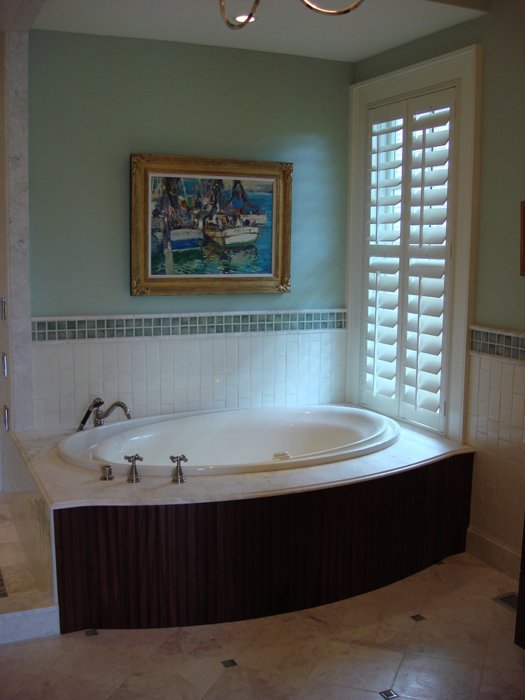 Large transitional master multicolored tile double-sink alcove bathtub photo in Charleston with an undermount sink, white countertops and a built-in vanity