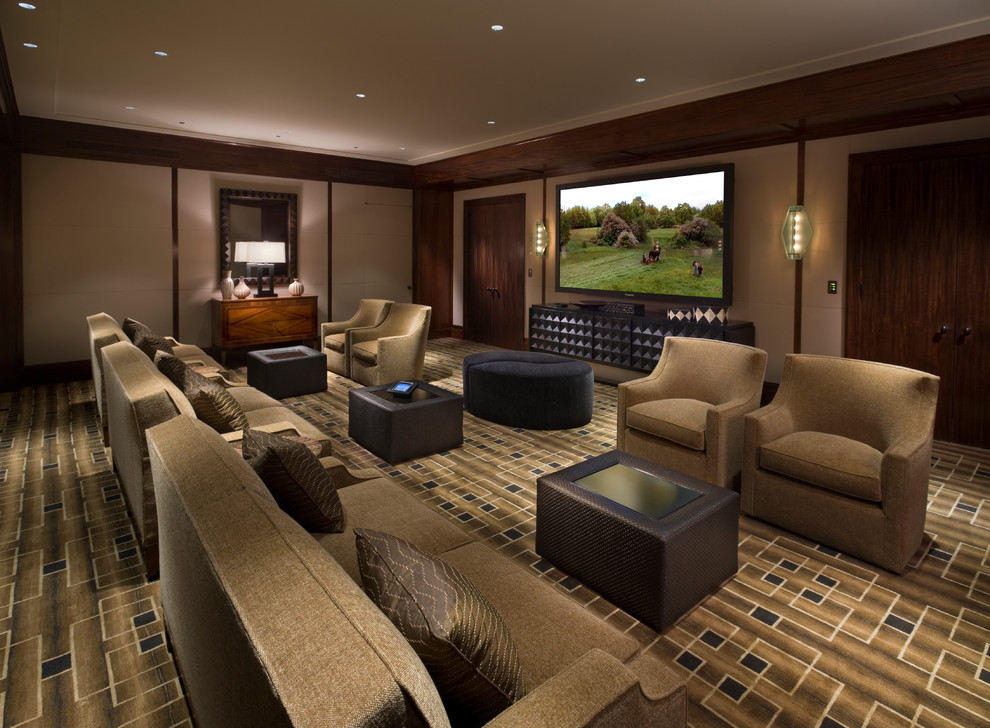 Design ideas for a transitional home theatre in New York.