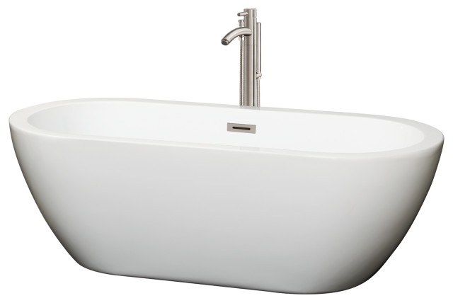 Soho 68" Freestanding White Bathtub, Brushed Nickel Tub Filler & Trim Kit