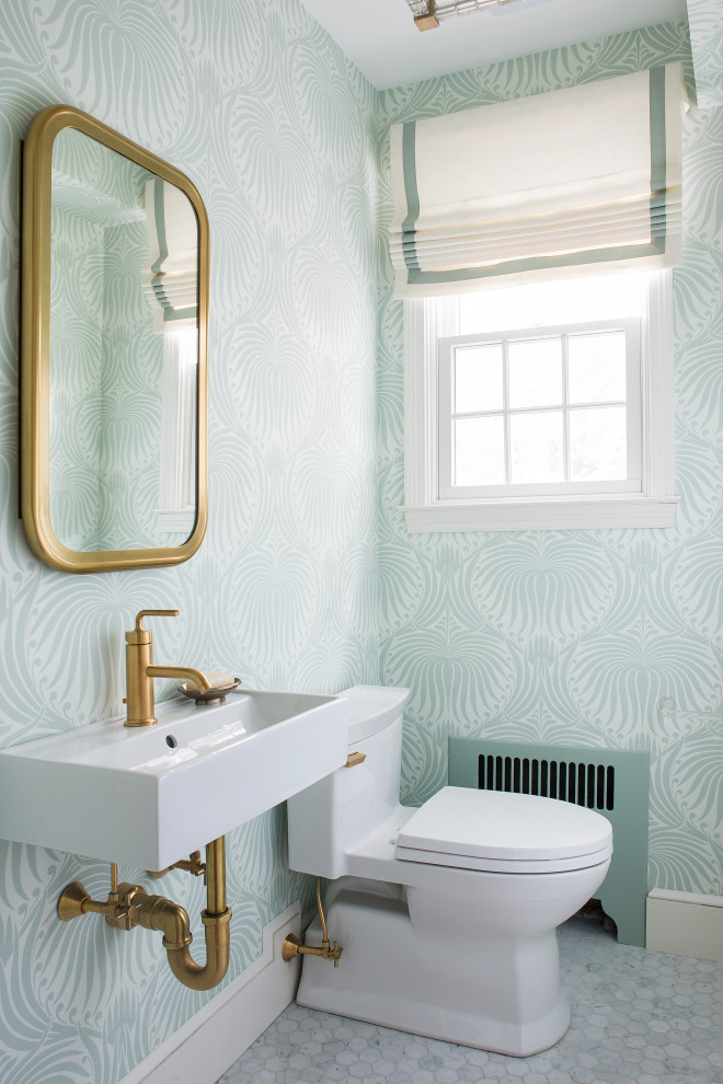 Transitional powder room in Boston with green walls, mosaic tile floors, a wall-mount sink and grey floor.