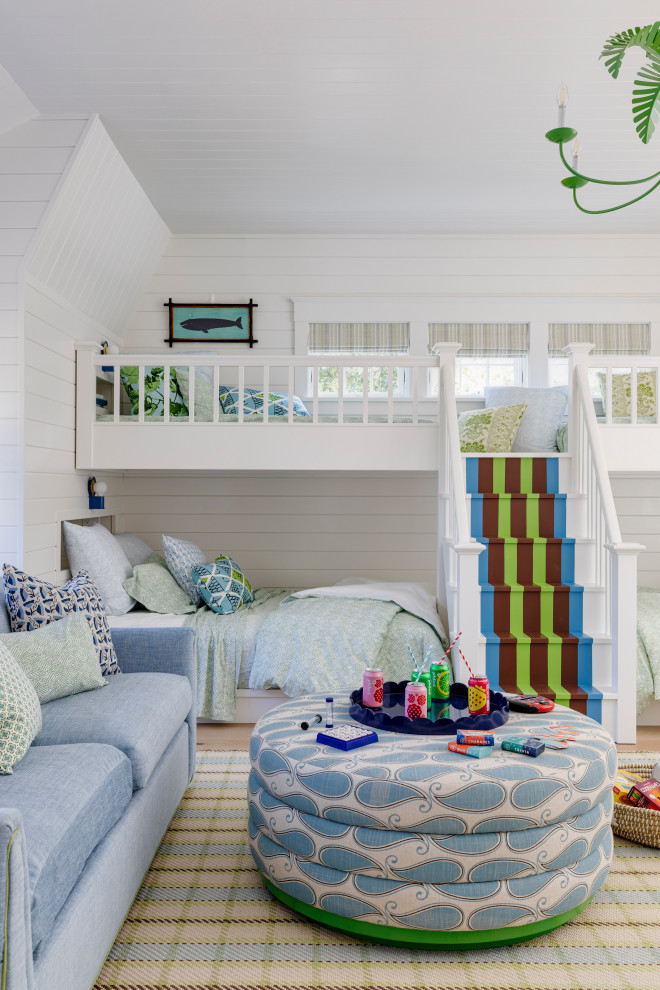 Scraggy Neck - Kids' bedroom - bedroom coastal gender-neutral light wood floor, beige floor, shiplap ceiling and shiplap wall kids' bedroom idea in Providence with white walls