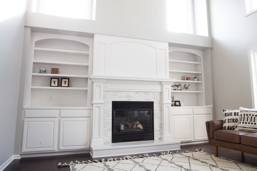 Home design - huge transitional open concept dark wood floor and brown floor home design idea with gray walls, a standard fireplace, a tile fireplace and no tv