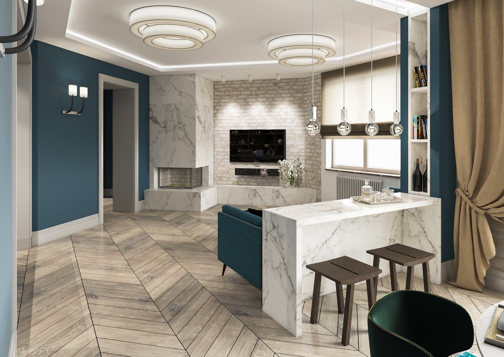 Угловой камин из мрамора с закрытой топкой