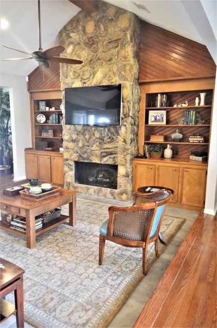 Longcliffe Den With River Rock Fireplace Contemporary Family