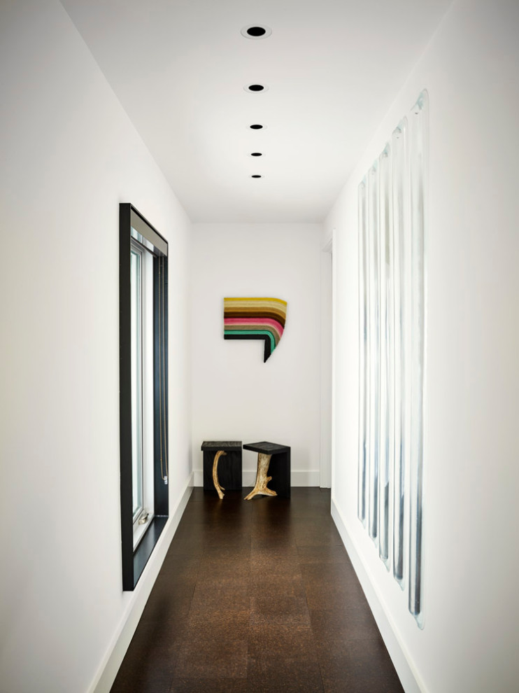 Photo of a mid-sized midcentury hallway in Austin with white walls, dark hardwood floors and brown floor.
