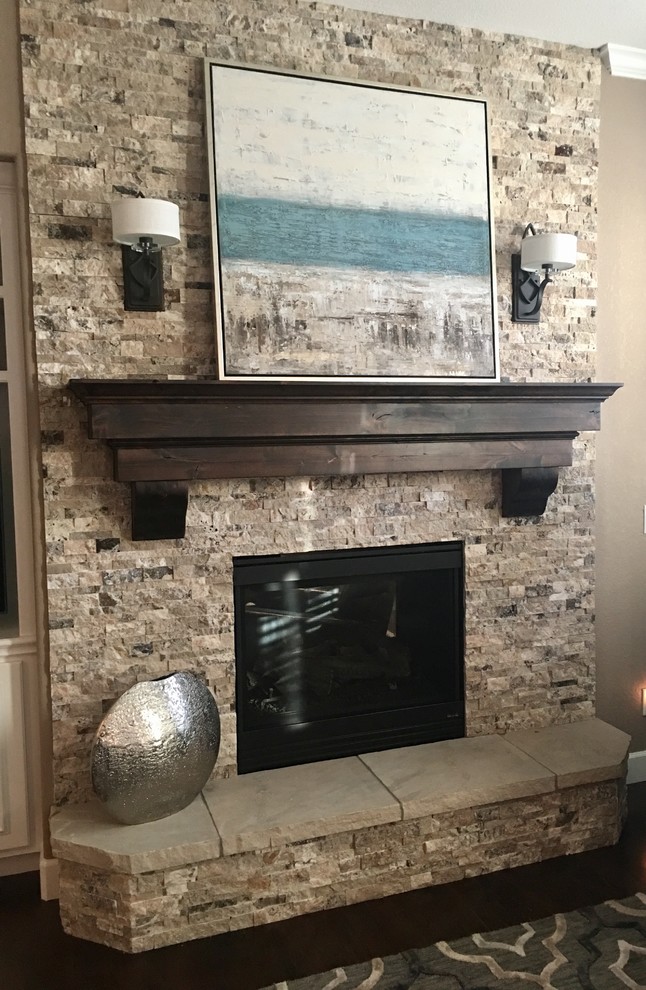 Mid-sized transitional open concept dark wood floor home design photo in Denver with beige walls, a standard fireplace, a stone fireplace and a media wall