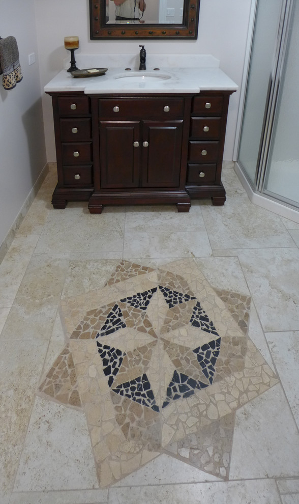 Bathroom - mid-sized transitional bathroom idea with furniture-like cabinets