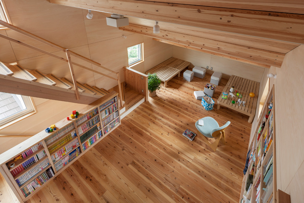 Design ideas for a scandinavian gender-neutral kids' playroom for kids 4-10 years old in Tokyo Suburbs with beige walls and light hardwood floors.
