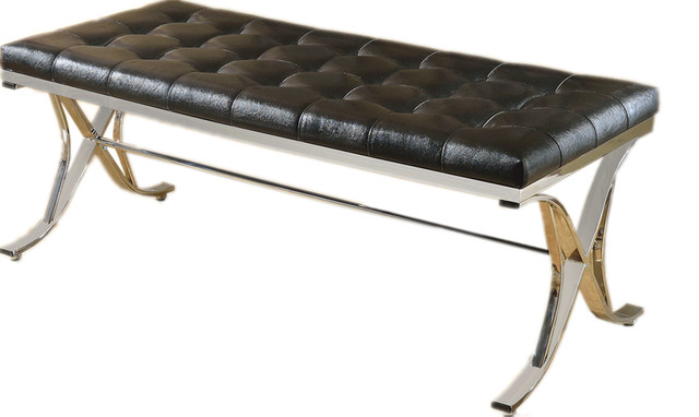 Upholstered On Tufted Faux Leather Bench Chrome X Style Leg On Tufted Faux Leather Bench Chrome