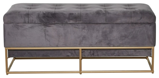 Velvet Upholstered Storage Bench, Gray with Gold Metal Frame