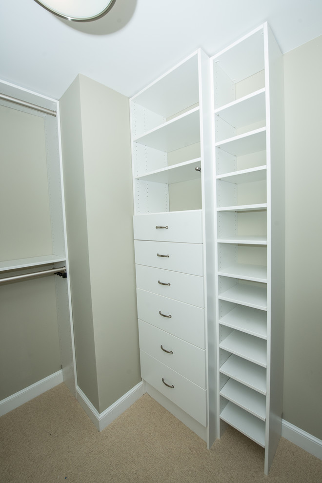 This is an example of a large traditional gender-neutral walk-in wardrobe in Other with open cabinets, white cabinets, carpet and beige floor.