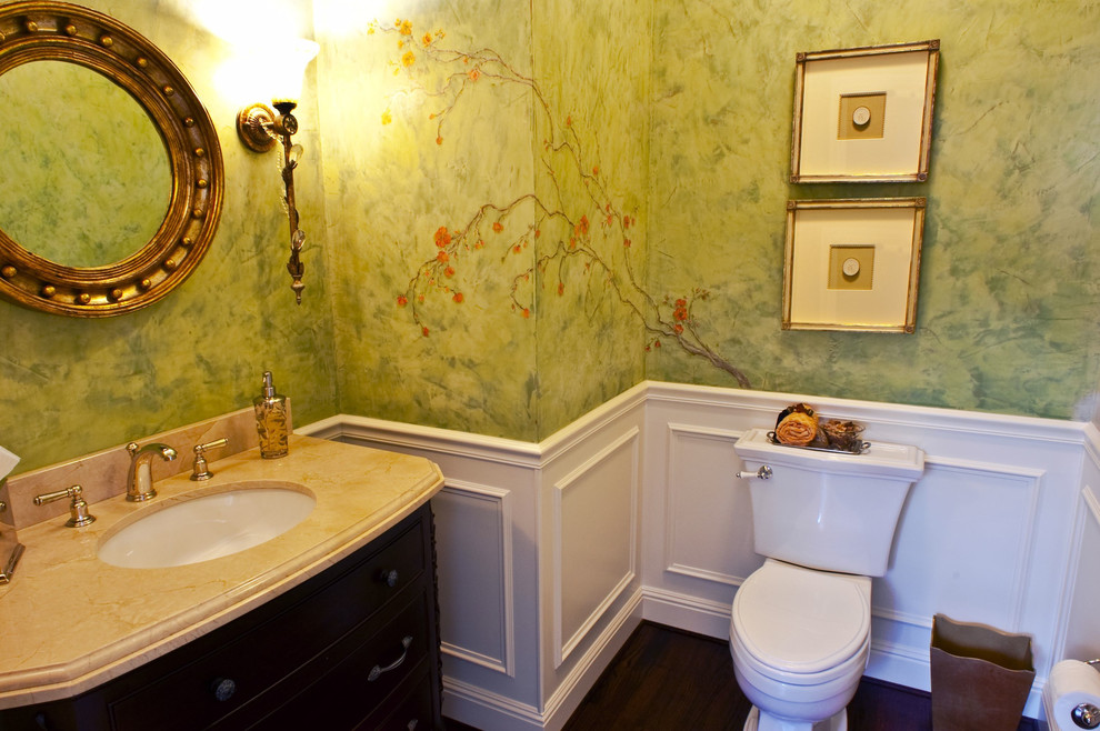 Photo of a traditional powder room in San Francisco with an undermount sink and a two-piece toilet.