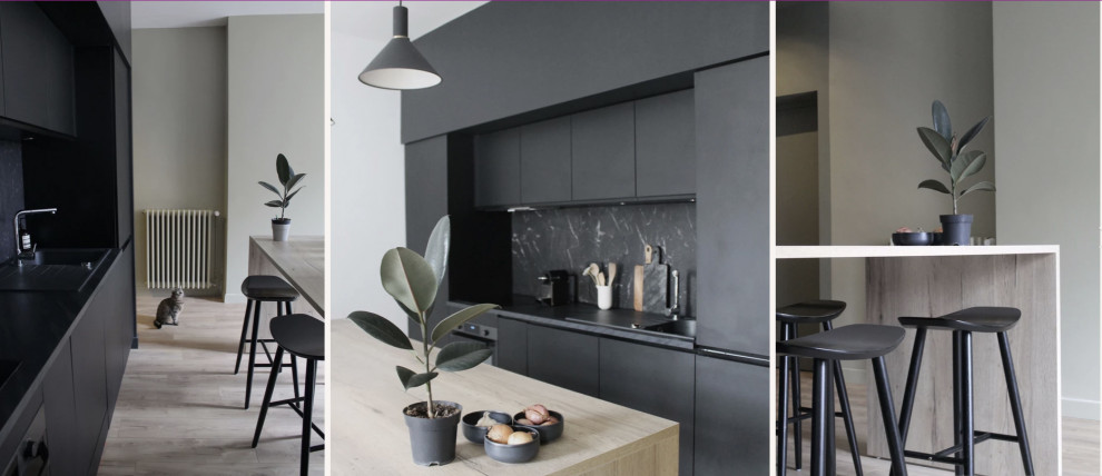 Idéer för mellanstora minimalistiska kök och matrum, med luckor med profilerade fronter, svarta skåp, träbänkskiva, svart stänkskydd, stänkskydd i keramik, integrerade vitvaror och en köksö