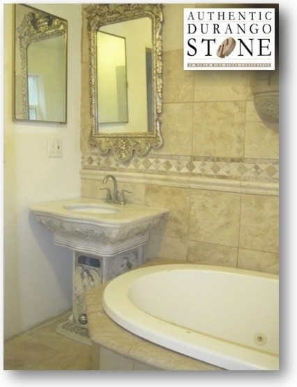 Small traditional 3/4 bathroom in Los Angeles with tile benchtops, a drop-in tub, beige tile, stone tile, beige walls and travertine floors.