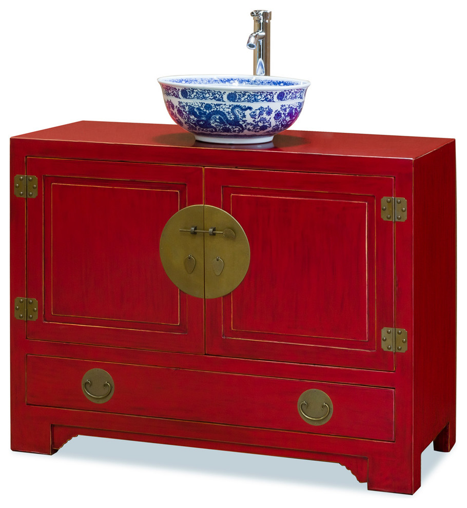 Chinese Ming Style Red Cabinet, With Bowl and Faucet