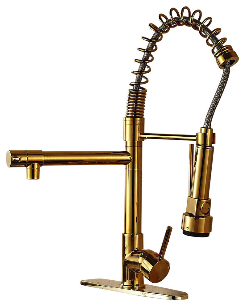Curitiba Deck Mounted Gold Kitchen Sink Faucet With Pull Down Sprayer