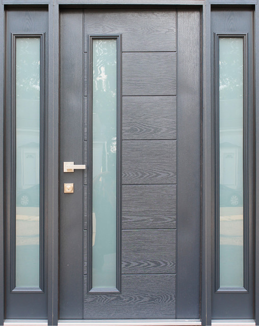 Fiberglass Gray Stained Glass Entry Door with Two Sidelites, Right Hand Inswing