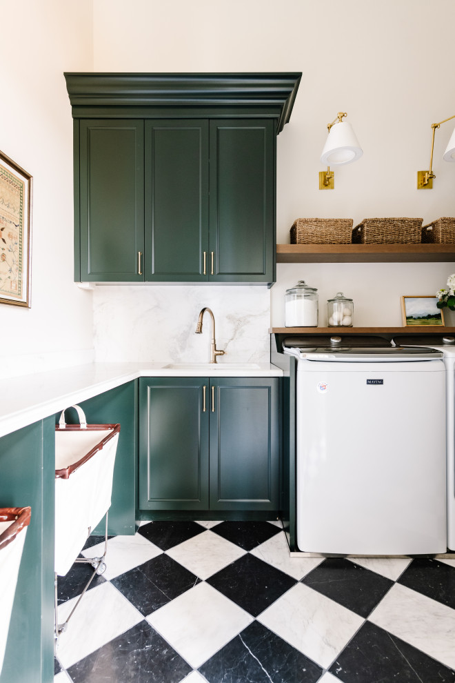Design ideas for a traditional laundry room in Salt Lake City with a drop-in sink, shaker cabinets and green cabinets.