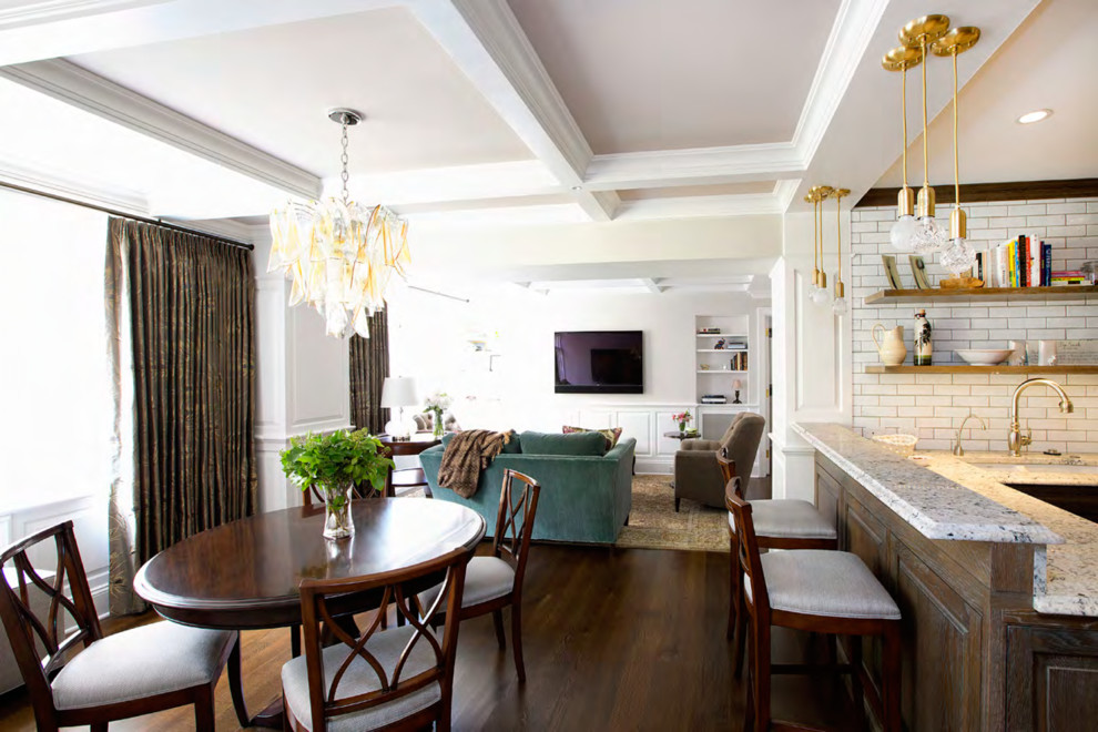 Inspiration for a large transitional kitchen/dining combo in New York with white walls and medium hardwood floors.