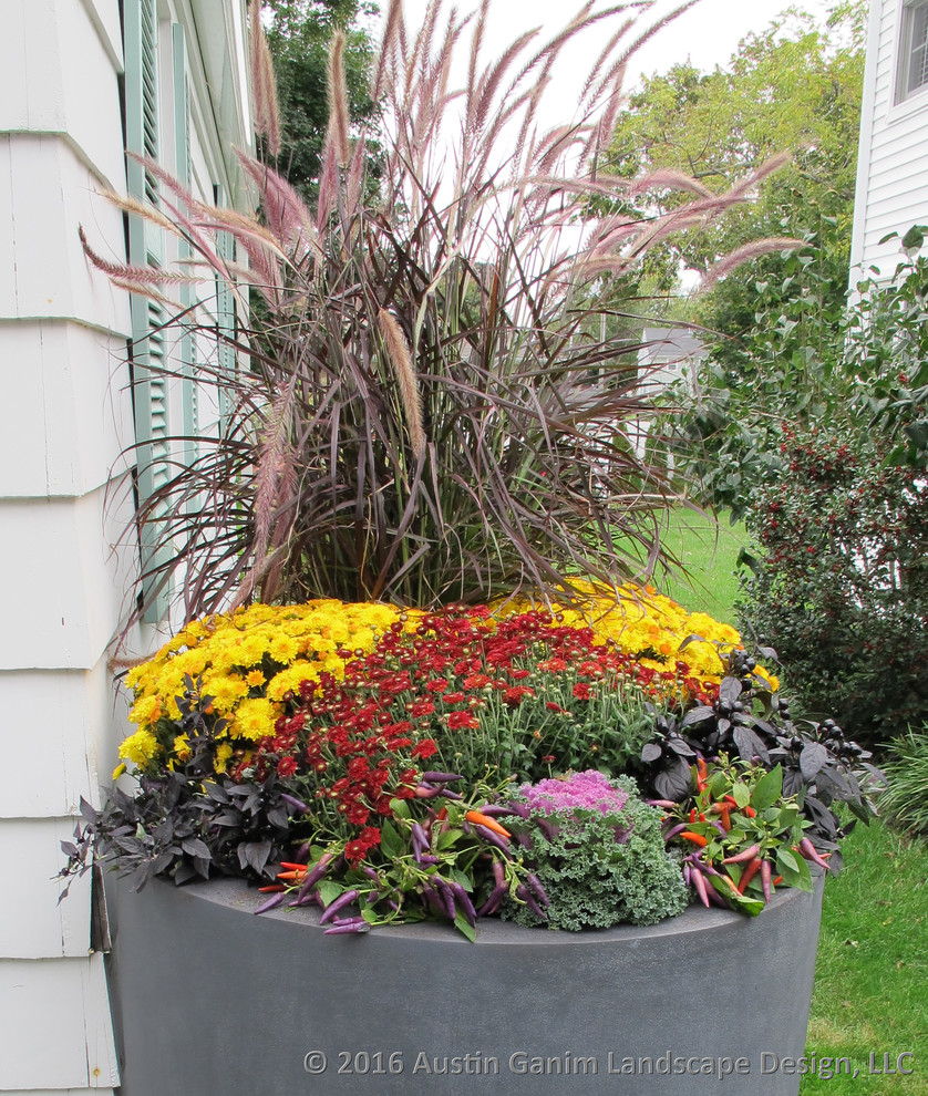 Inspiration for a traditional partial sun garden for fall in New York with a container garden.