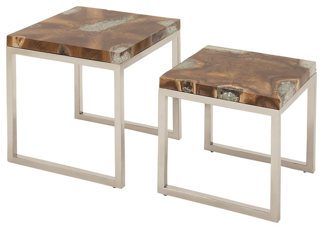 Classic Style Stainless Steel Teak Nest Table Set Of 2 Home Decor Classic Style Stainless Steel Teak Nest Table Set Of 2 Home Decor