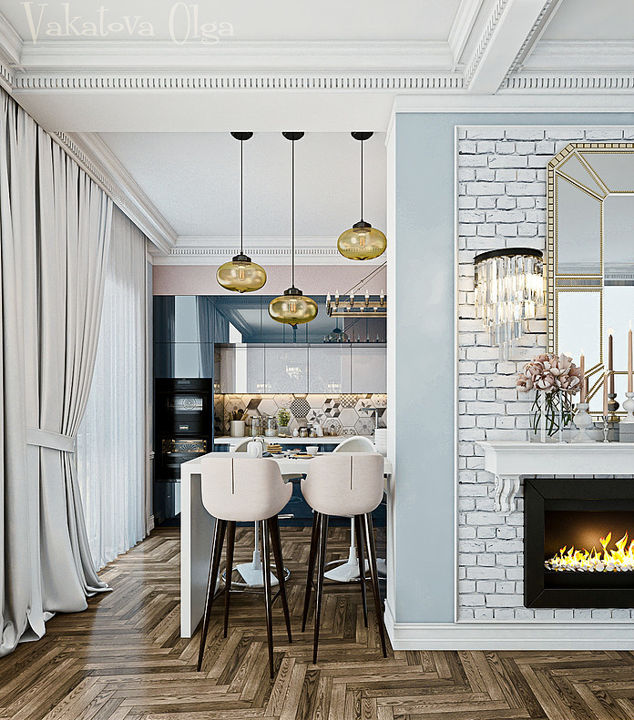 Интерьер  кухни-гостиной  в доме с панорамными  окнами.