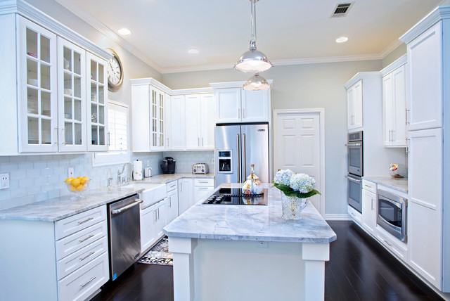 White Contemporary With Carrera Marble Traditional Kitchen