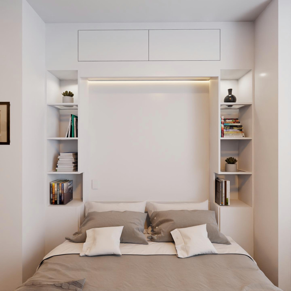 Свежая идея для дизайна: гостевая спальня среднего размера, (комната для гостей) в стиле модернизм с белыми стенами, паркетным полом среднего тона и коричневым полом - отличное фото интерьера