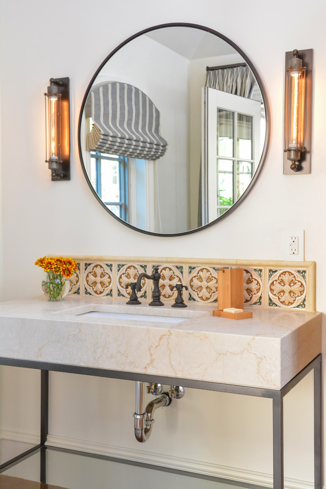 Mid-sized transitional 3/4 bathroom in San Francisco with beige tile, white walls, concrete floors, an undermount sink, marble benchtops, open cabinets, orange floor, a hinged shower door, beige benchtops, a single vanity and a freestanding vanity.